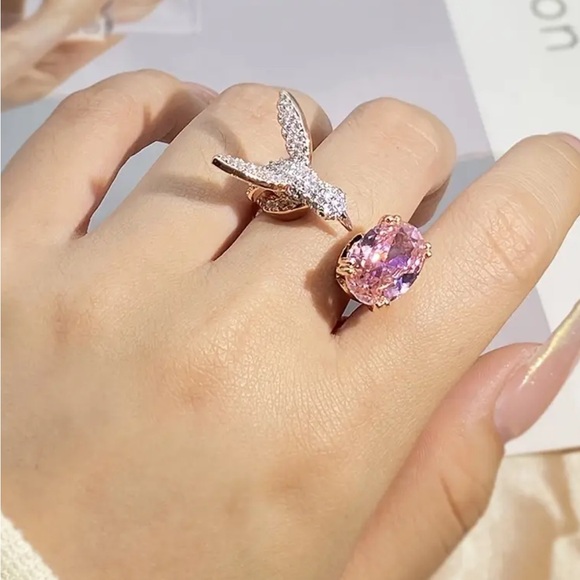 Sterling Silver Plated Pink Zircon And Hummingbird Open Adjustable Ring - Picture 3 of 4